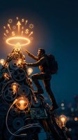 Businessman climbing steampunk money machine with glowing gears and dollar symbols reaching for golden halo representing financial success and wealth achievement.