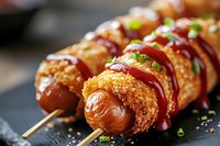 Crispy breaded sausage skewers drizzled with sweet chili sauce and garnished with fresh green onions on dark slate background, macro food photography.