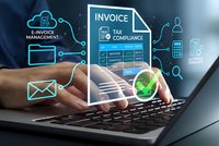 Digital invoice management system with holographic interface showing tax compliance and automated billing processes for modern business accounting.