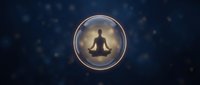 Silhouette of person meditating in glowing sphere against dark blue bokeh background, representing mindfulness, inner peace, and spiritual wellness for meditation and yoga content.