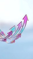 Holographic glass arrows pointing upward in rainbow gradient colors representing growth, success and progress on pastel background for business concepts.
