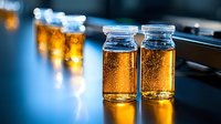 Medical vials with amber liquid medicine on blue reflective surface, multiple glass containers in row showing pharmaceutical manufacturing process.