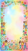 Colorful children's border frame with diverse kids, flowers, balloons, stars, and hearts on pastel gradient background. Isolated design element for invitations, posters, and educational materials.