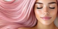 Young woman with flowing pink hair and closed eyes expressing serenity and peace, makeup with long eyelashes and glossy lips against light background.