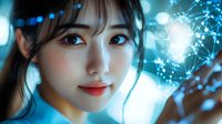 Young Asian woman with red lipstick against futuristic blue network visualization background showing artificial intelligence and digital transformation concept.