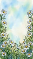 Watercolor daisy border frame with soft blue and green background, white chamomile flowers and wild herbs, copy space for text or greeting cards.