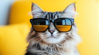 Fluffy ragdoll cat wearing trendy sunglasses against yellow background, looking cool and confident. Modern pet lifestyle and fashion concept for social media and advertising.