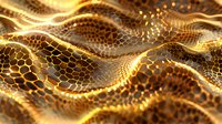 Glowing golden honeycomb mesh waves with light effects create dynamic flowing pattern. Abstract technology or science background with hexagonal structure.