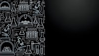 Science laboratory equipment icons in white line art style on black background with copy space for educational and research design projects.