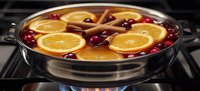 Mulled wine with orange slices and cranberries simmering in stainless steel pot on stove. Warm spiced holiday drink preparation for winter celebrations.