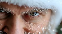 Close up view of blue eyes with snow-covered eyelashes and eyebrows against winter skin tone, capturing frosty weather conditions and seasonal beauty.