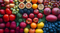 Fresh colorful fruits arranged in rainbow pattern including strawberries, oranges, apples, blackberries, blueberries and grapes creating vibrant healthy food composition.