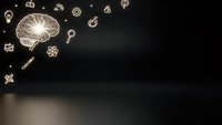 Human brain with science icons floating on dark background for educational and medical presentations.