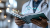 Young Asian male doctor in white coat holding open book with magical glowing particles emerging from pages, creating ethereal atmosphere in medical office setting.