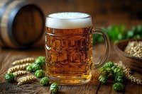 Fresh amber beer in traditional glass mug with creamy foam head surrounded by green hops and wheat on rustic wooden table with barrel background.