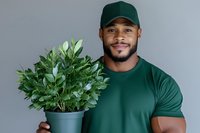 Young African American male gardener in green uniform and cap holding potted green leafy plant against gray background, friendly smile showing professional plant care service.