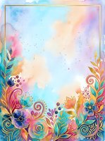 Watercolor floral frame with vibrant blooms and ornamental leaves in rainbow hues, featuring swirling botanical elements on isolated white background. Perfect for invitations, greeting cards, and creative design projects.