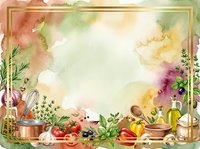 Watercolor cooking frame with fresh vegetables, herbs, olive oil, and kitchen utensils arranged around cream center space. Ideal for recipe cards, culinary blogs, food labels, and cooking-related designs.