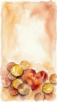 Watercolor painting of golden coins and red heart on warm textured background for romantic finance themes and Valentine's Day designs.