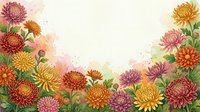 Watercolor chrysanthemum border with colorful autumn blooms in red, orange, yellow and purple on a light background with copy space.