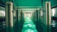 Flooded hospital corridor with eerie green water reflecting off walls and ceiling, creating apocalyptic atmosphere. Empty hallway stretches into distance with medical equipment visible.