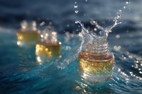 Glass jar with glowing liquid creating water splash crown effect against blue background, magical potion concept with bokeh lights and droplets.