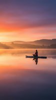 Silhouette of person kayaking on calm lake at sunrise with dramatic orange purple sky and mountain reflections creating peaceful morning atmosphere.