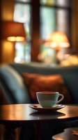 Cozy coffee cup on wooden table in cafe interior with warm lamp lighting and comfortable armchair, creating relaxing atmosphere for morning coffee break.
