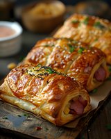 Freshly baked puff pastry roll filled with ham and cheese, topped with sesame seeds and herbs, served on rustic wooden board with dipping sauce.
