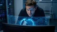 Focused male programmer analyzing holographic global data visualization on futuristic transparent computer screen in modern server room environment.
