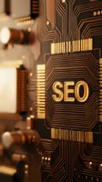 Golden SEO text on computer circuit board representing search engine optimization technology and digital marketing strategies for online business growth.