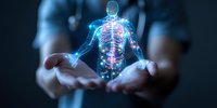 Glowing holographic human skeleton with highlighted spine floats above open palms against dark background, representing medical technology and healthcare innovation.