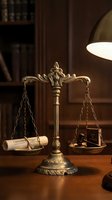 Ornate brass scales of justice with legal documents and law books on wooden desk in attorney office with warm lighting for legal services and consultation.