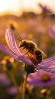Honeybee collecting nectar from purple cosmos flower during golden hour sunset with warm bokeh background for pollination and nature concepts.