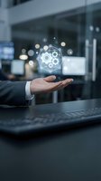 Businessman hand presenting glowing gear network hologram above laptop in modern office environment showcasing digital transformation and automation technology.