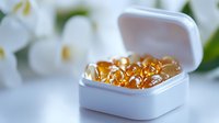 Amber gel capsules in white container with blurred flowers in background, suitable for health, wellness, supplement and pharmaceutical marketing materials.
