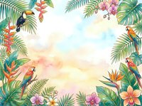 Watercolor tropical frame with parrots, toucan, exotic flowers, and palm leaves on a soft pastel background, perfect for cards and invitations.