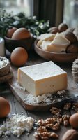 Fresh butter block dusted with flour on wooden board, surrounded by brown eggs, walnuts and baking ingredients in rustic kitchen setting.