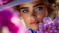 Young blonde woman with blue eyes wearing straw hat surrounded by purple flowers in soft natural light for beauty and lifestyle concepts.