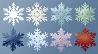 Collection of eight decorative snowflakes in various colors including white, blue, green, pink and red on gray background for winter holiday designs.