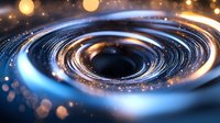 Swirling cosmic vortex with glowing blue light trails and golden bokeh particles in dark space background creates mesmerizing spiral motion effect.