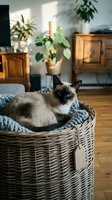 Siamese cat with blue eyes resting in wicker basket with gray blanket in bright living room with wooden furniture and potted plants, home interior design.