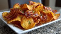 Crispy golden potato chips topped with crumbled bacon bits and fresh herbs on white plate. Comfort food snack for restaurants and cafes.