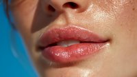 Close-up of young woman's glossy pink lips and smooth skin against blue background, showcasing natural beauty and facial features for cosmetic advertising.