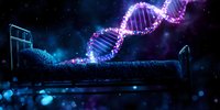Glowing DNA helix floating above hospital bed in dark room with blue particles and bokeh effects creates surreal medical science atmosphere.