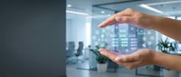Hands protecting holographic digital interface with data analytics in modern office environment for business technology and cybersecurity applications.