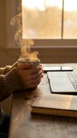 Hands holding steaming hot coffee mug at wooden desk with laptop during golden hour morning light creating cozy work from home atmosphere.