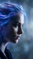 Woman with Caucasian ethnicity in profile with glowing blue digital energy flowing from her head, representing artificial intelligence, innovation, and technology concepts for business and science applications.
