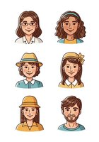Diverse cartoon avatars featuring six smiling characters with different hairstyles, accessories and clothing on isolated white background, ready for web design, apps and user profiles.