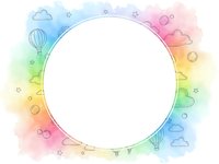 Colorful watercolor rainbow frame with doodle elements including clouds, hot air balloons, stars and hearts. Circular border for text or design projects.